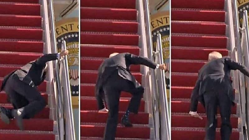 نجل ترامب يسخر من تعثر بايدن على سلم الطائرة