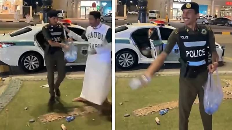 لافتة إنسانية لرجل أمن يوزع الماء على المارة ويثير الإعجاب .. فيديو