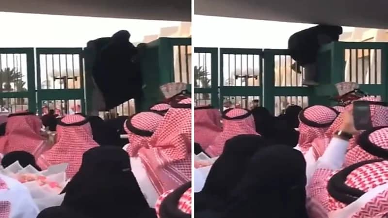 شاهد.. فتاة تحاول القفز من أعلى بوابة في جامعة الطائف