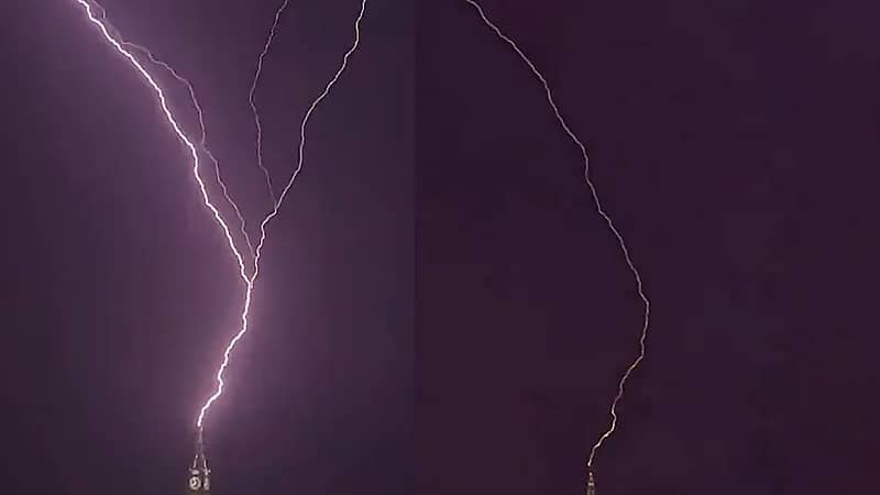 مشهد مهيب لصاعقة تضرب برج الساعة ليلاً .. فيديو