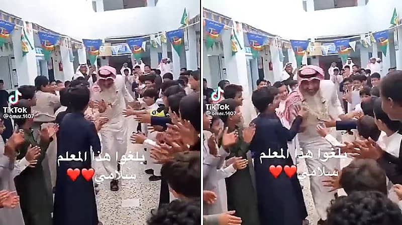 شاهد .. فرحة طلاب بمعلمهم أثناء تكريمه في إحدى المدارس