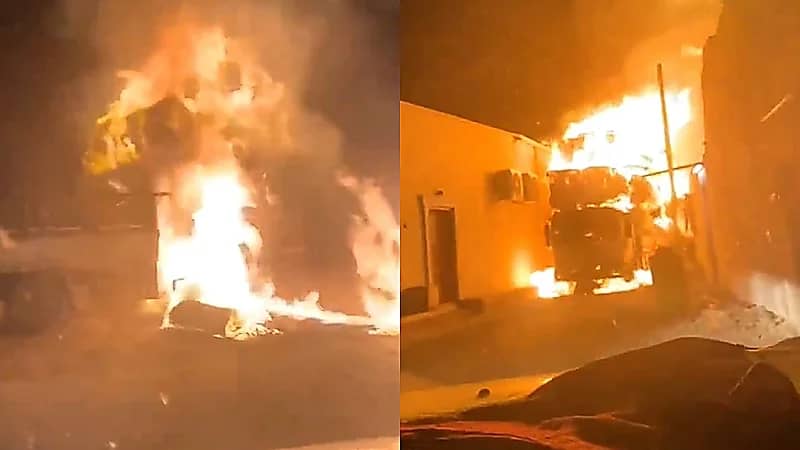 بعد احتراق الشاحنة .. سائق يخاطر بحياته لإنقاذ ساكني الحي من الحريق .. فيديو