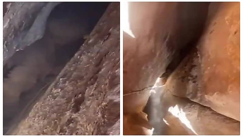 شاهد.. احتجاز شاب في شق صخري بأبو راكة بتبوك 