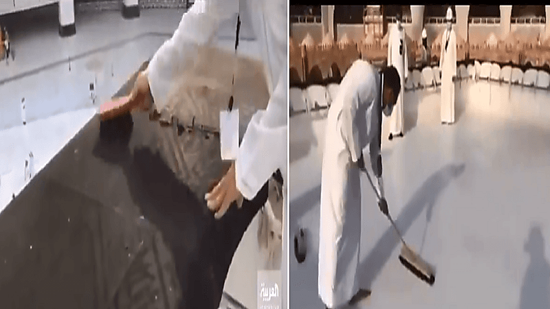 بالفيديو.. جهود العاملين بالمسجد الحرام لتنظيف سقف الكعبة المشرفة
