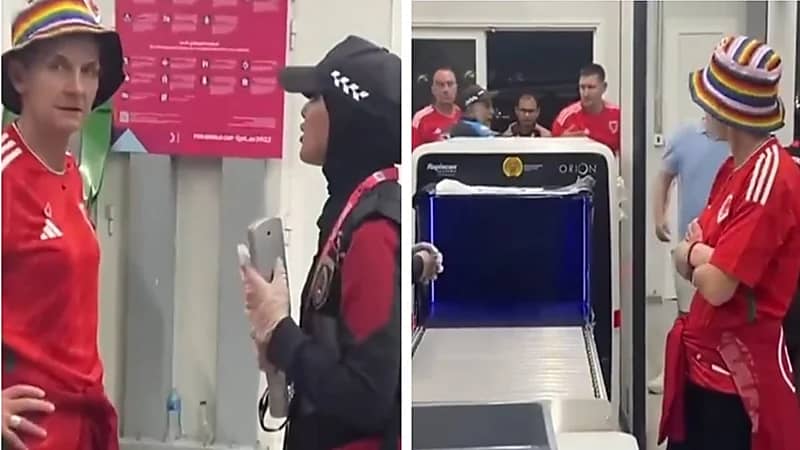 شاهد.. منع بعض مشجعي ويلز من دخول الملعب بسبب قبعة الشواذ 