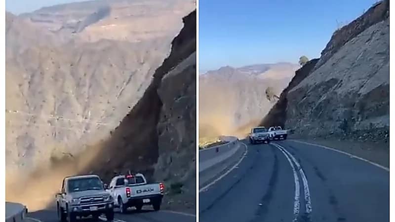 شاهد .. انهيار صخري بطريق الجبل الأسود بالريث