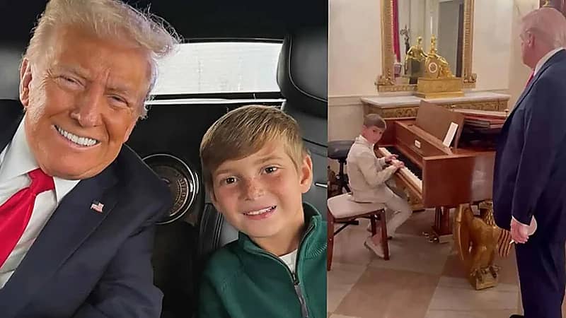 حفيد ترامب يعزف أمام جده على بيانو مزين بالذهب.. فيديو