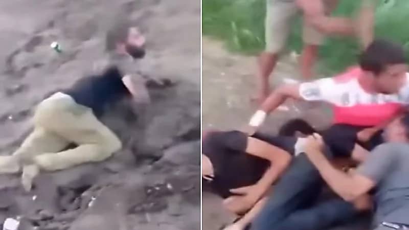 لقطات صادمة لشبان ينامون في ترعة ويدفنون رؤوسهم في الوحل .. فيديو