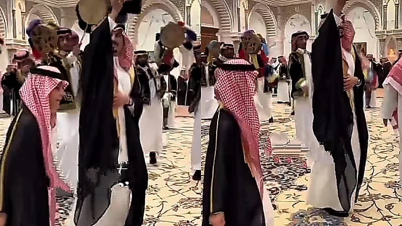 الأمير مشعل بن سلطان يؤدي العرضة مع ابنه في حفل زفاف سهم .. فيديو