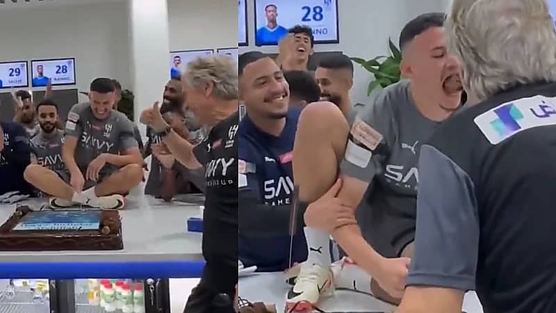 لاعبي الهلال يحتفلون بعيد ميلاد الحمدان وجيسوس يقطع له الكيك .. فيديو