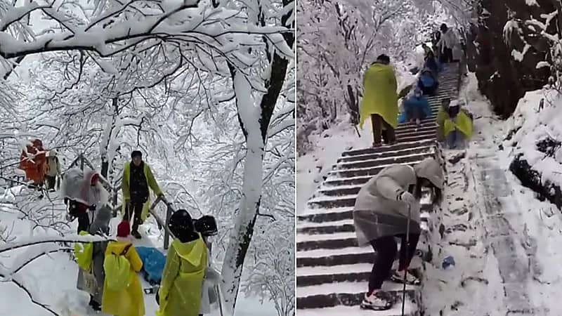 الثلوج تتسبب في انزلاق السياح على منحدر في مقاطعة هوانغشان الصينية.. فيديو