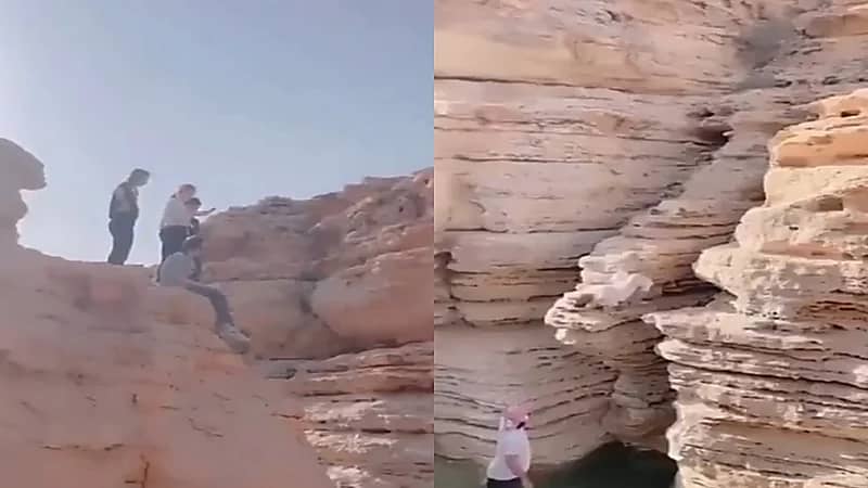 شاهد.. لحظة استعراض شبان لمهاراتهم في القفز من مرتفعات الأفلاج