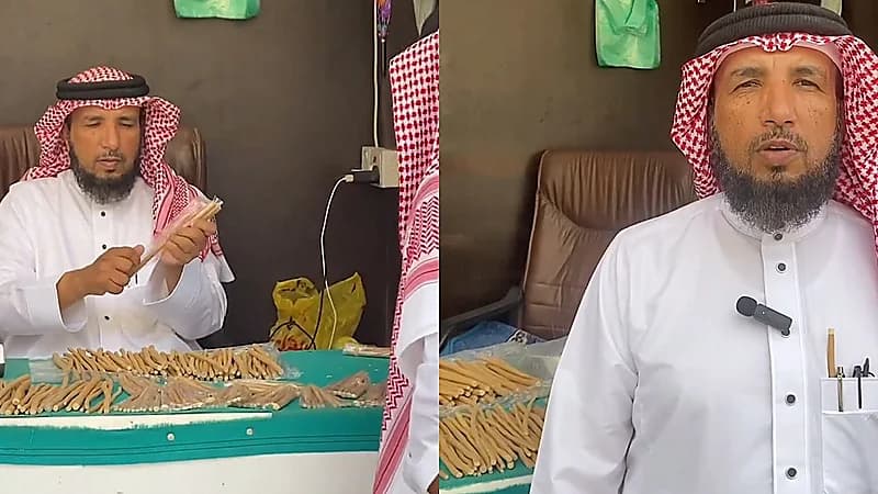 صالح المتعاني يبدع في مشروعه بتجارة السواك منذ أكثر من 40 عامًا بشغف.. فيديو