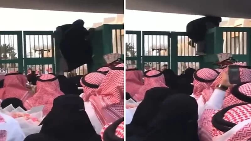 شاهد.. فتاة تحاول القفز من أعلى بوابة في جامعة الطائف