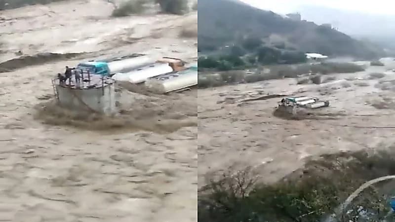 بالفيديو.. وافدون يلجأون إلى سطح خزان مياه أثناء سيول وادي ضمد بجازان