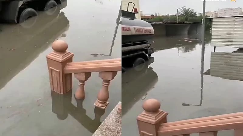 بالفيديو.. ارتفاع منسوب مياه الأمطار أمام أحد المنازل بالكويت