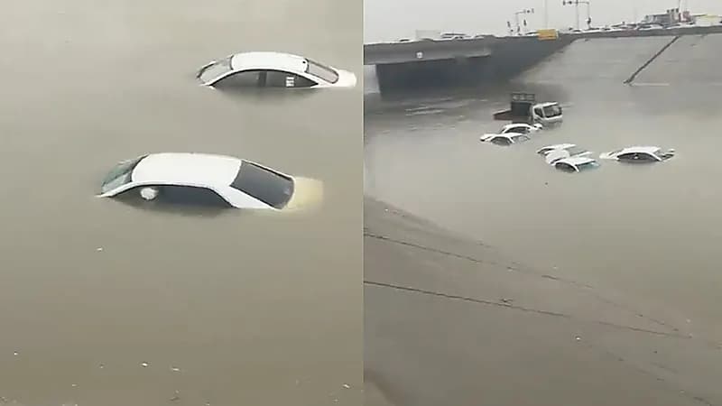غرق بعض السيارات في أحد أنفاق الدمام بسبب السيول .. فيديو 