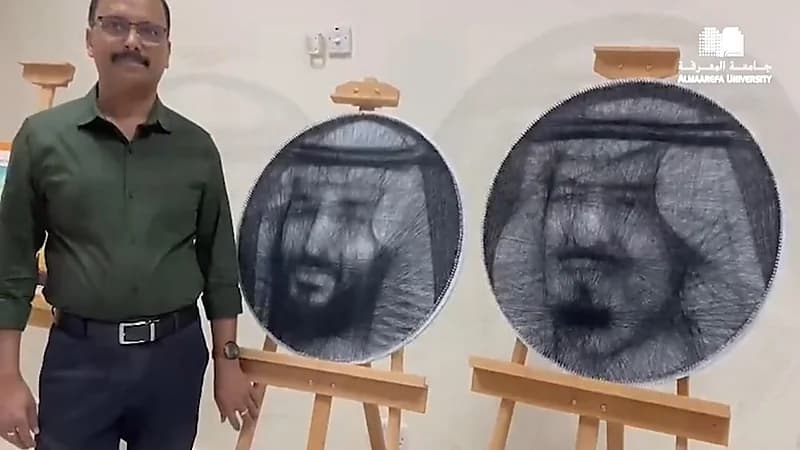 شاهد.. "مقيم" يرسم صورة خادم الحرمين وولي عهده بتقنية التخايط الشبكي