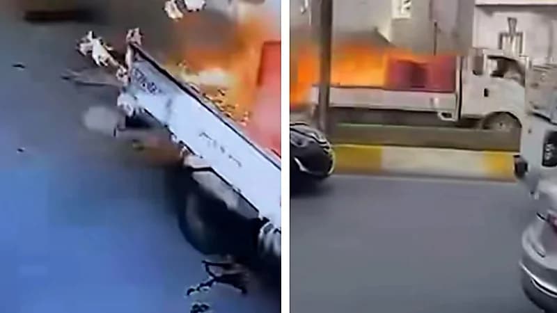 عراقي ينجو بأعجوبة بعد قيادته شاحنة وقود مشتعلة ... فيديو