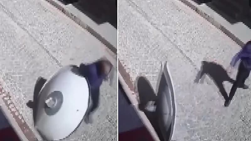سقوط طبق قمر صناعي على رجل أثناء سيره في الشارع .. فيديو
