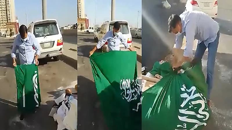 شاهد..شخص يعثر على علم المملكة ملقيًا في الشارع وهذه ردة فعله