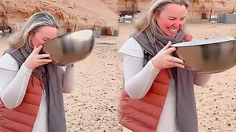 مشهد طريف لسائحة تحاول شرب إناء من حليب النياق دفعة واحدة .. فيديو