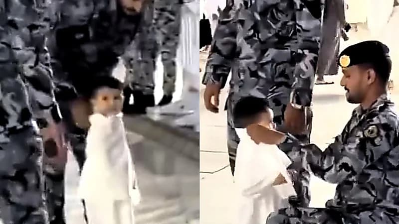 رجال الأمن يلاعبون طفلًا في الحرم المكي بكل حب وعفوية .. فيديو