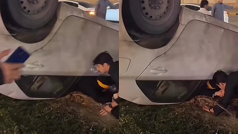 فتاة تتعرض لحادث أليم وشاب يحاول إخراجها من السيارة في حفر الباطن .. فيديو