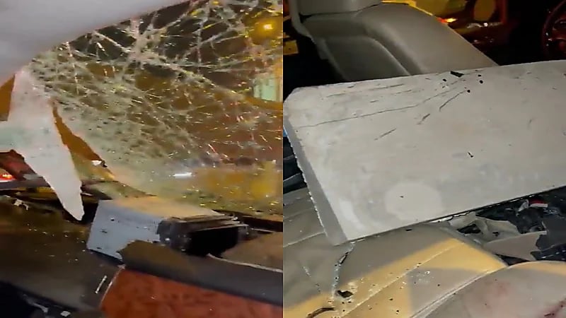 بالفيديو.. سقوط قطعة إسمنتية من جسر فوق سيارة عائلة بالرياض