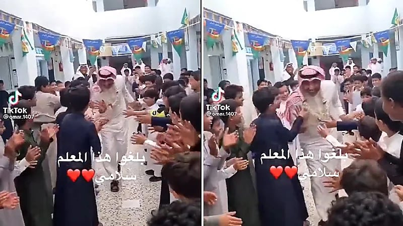 شاهد .. فرحة طلاب بمعلمهم أثناء تكريمه في إحدى المدارس