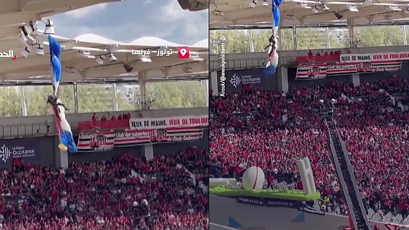 إنقاذ مظلي علق بسقف ملعب في فرنسا.. فيديو