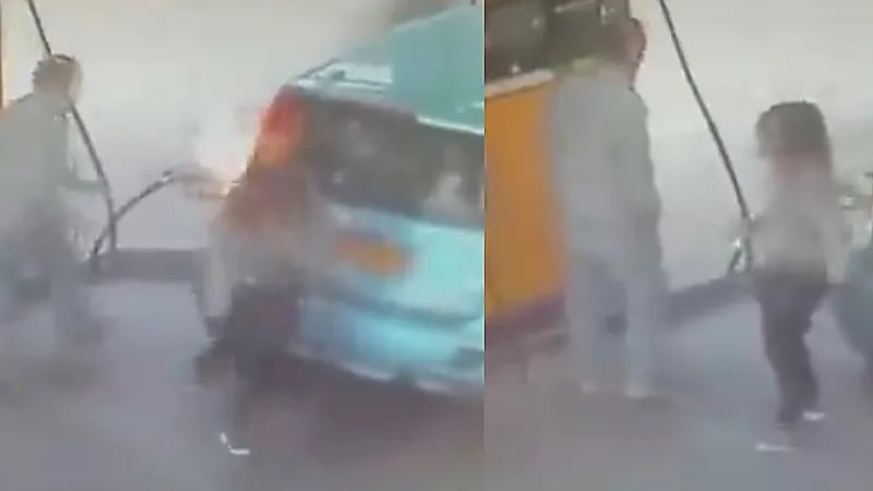 سيدة تشعل النيران في محطة بنزين بسبب رفض رجل إعطائها سيجارة ..فيديو