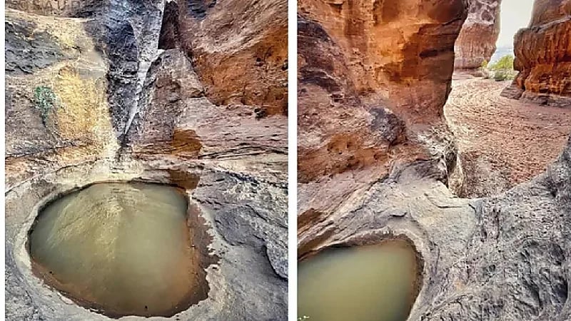 صدفة تقود لاكتشاف بركة مياه مخفية بين طيات جبال "حسمى" بتبوك