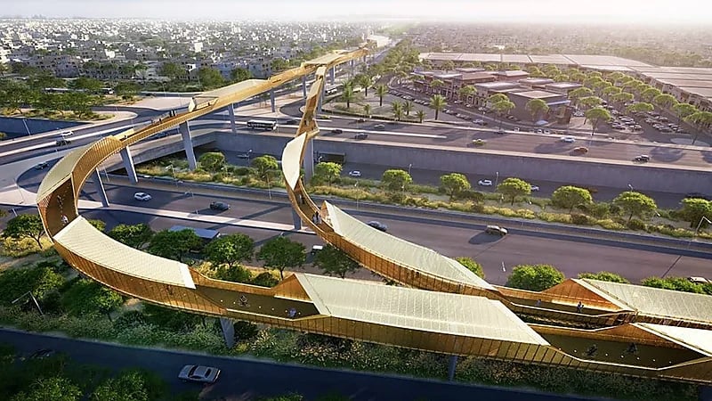 اكتمال أعمال الهيكل الحديدي لجسر الدراجات بالرياض .. صور