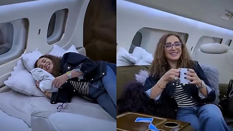 أنغام تستريح على سريرها داخل طائرتها الخاصة خلال رحلتها للرياض   .. فيديو