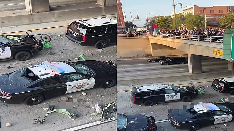 متظاهرو كاليفورنيا ينصبون كميناً لسيارات الشرطة.. فيديو