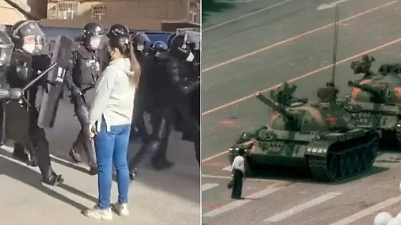 فتاة محتجة تتحدى شرطة مكافحة الشغب في الصين