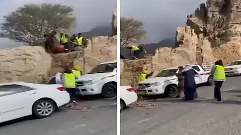 شاهد.. لحظة انتشال جثة مواطن عقب سقوطه من مرتفع جبلي بعسير