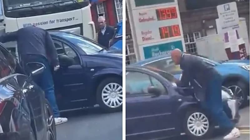 شاهد.. شخص يهدد قائد سيارة بالسكين في محطة وقود لسبب غريب