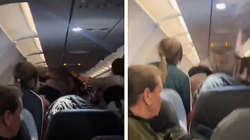 مشهد صادم لشاب يحاول خنق راكب على متن طائرة أمريكية.. فيديو