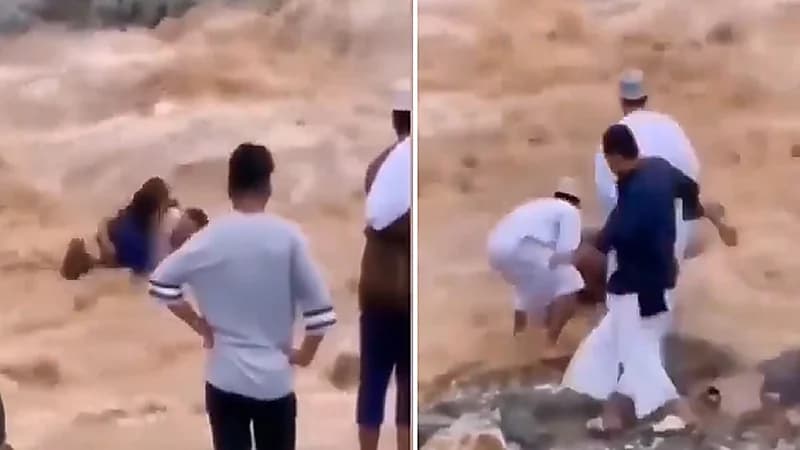 بالفيديو .. رجل شُجاع يُنقذ طفلين من السيول الجارفة في الفجيرة