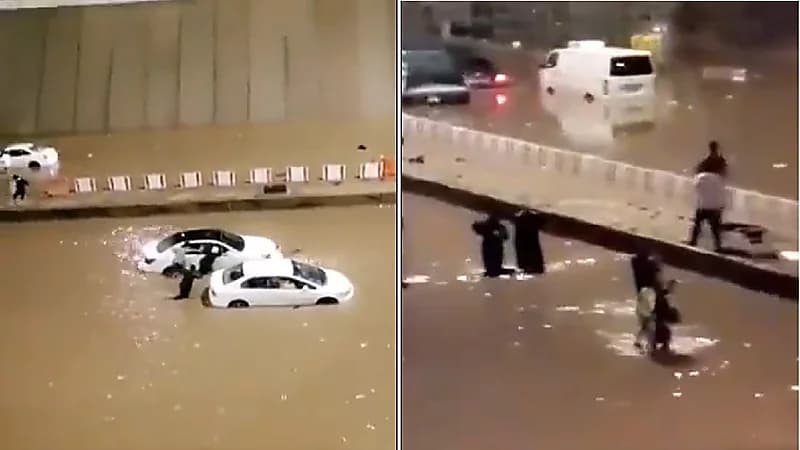 شاهد .. مياه الأمطار تغمر المركبات وتعطل حركة السير في أحد الشوارع الرئيسية بالمدينة