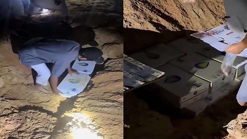 اشخاص يدفنون الزائد من كراتين الماء في موقعهم بالرمال للرحلة القادمة.. فيديو