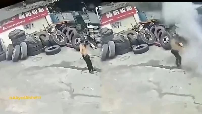 شاب ينجو من الموت مرتين بعد انفجار إطار سيارة ..فيديو