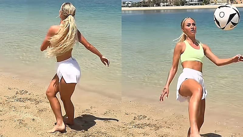 أجمل لاعبة كرة قدم تستعرض مهاراتها ولياقتها على الشاطئ .. فيديو